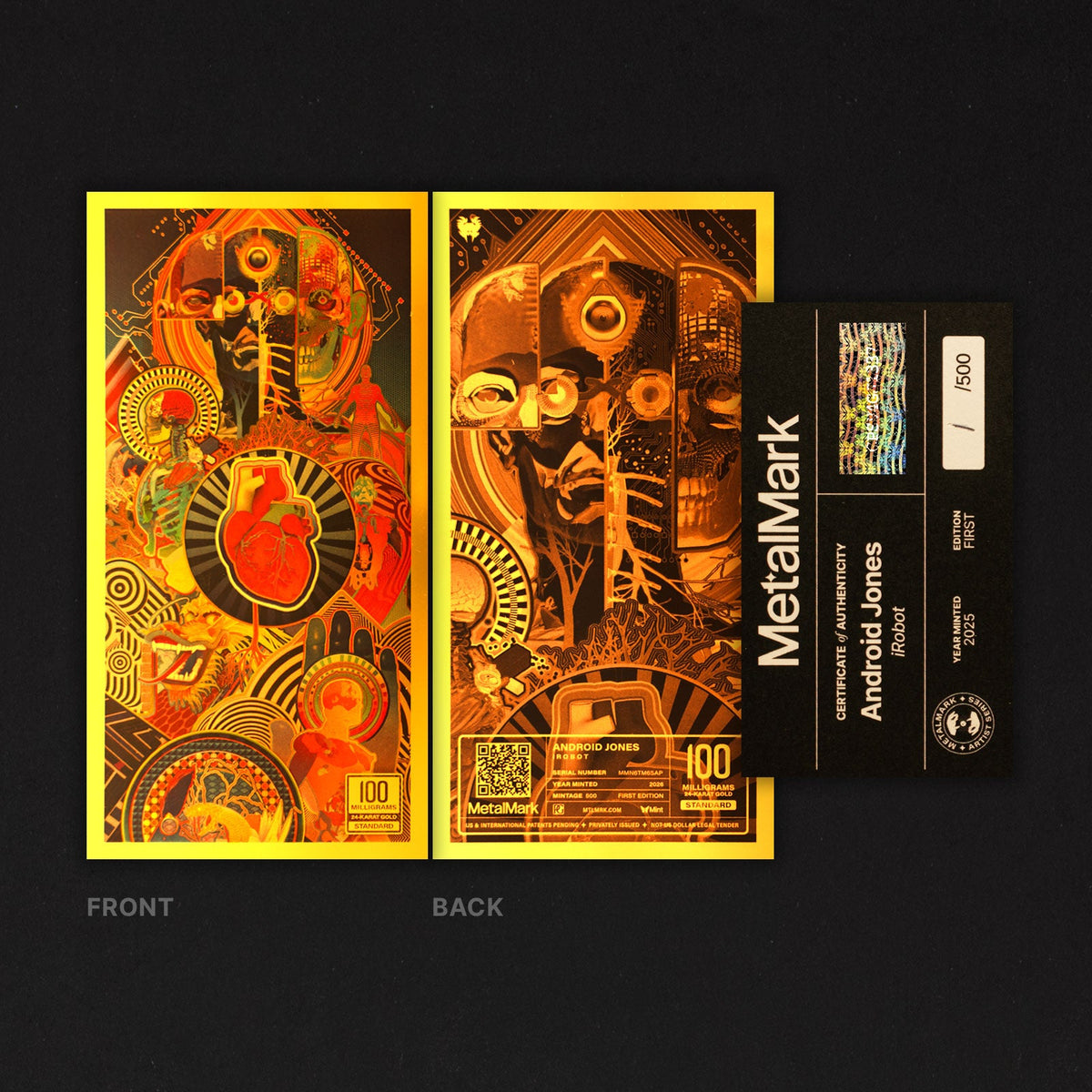 A pair of decorative Metalwalk collectible cards shown front and back on a black background, alongside a black side label. The cards feature intricate gold, orange, red, and green illustrated artwork with mechanical and abstract designs.