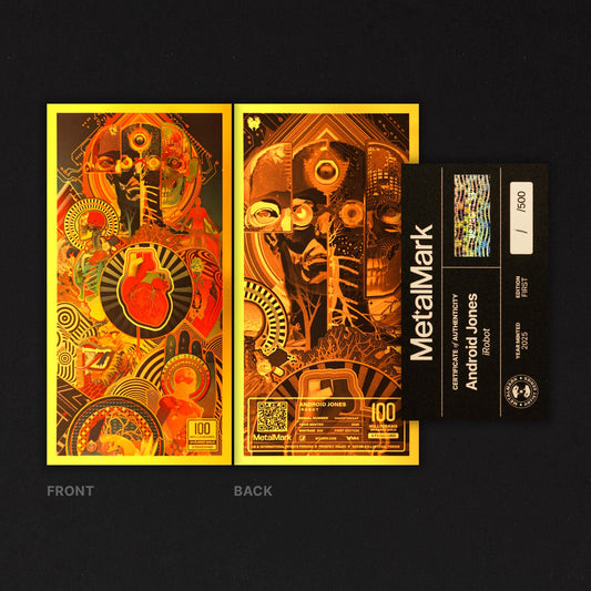 A pair of decorative Metalwalk collectible cards shown front and back on a black background, alongside a black side label. The cards feature intricate gold, orange, red, and green illustrated artwork with mechanical and abstract designs.
